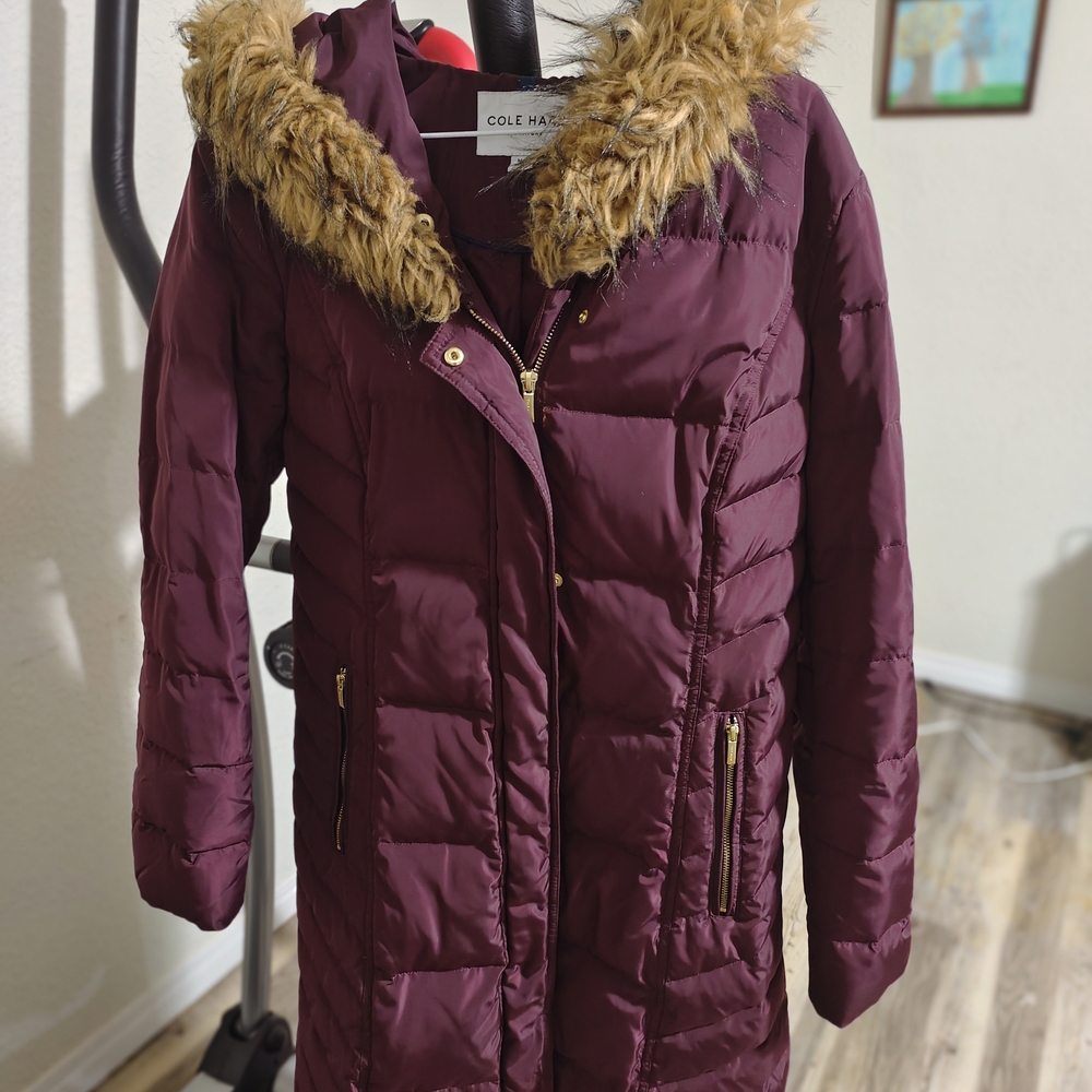 Cole Haan Red and Brown Puffer Jacket with Fur Hood